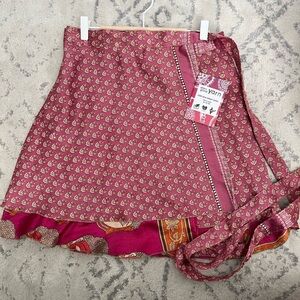 Sari Silk Reversible Wrap Mini Skirt, Adjustable size 14-20